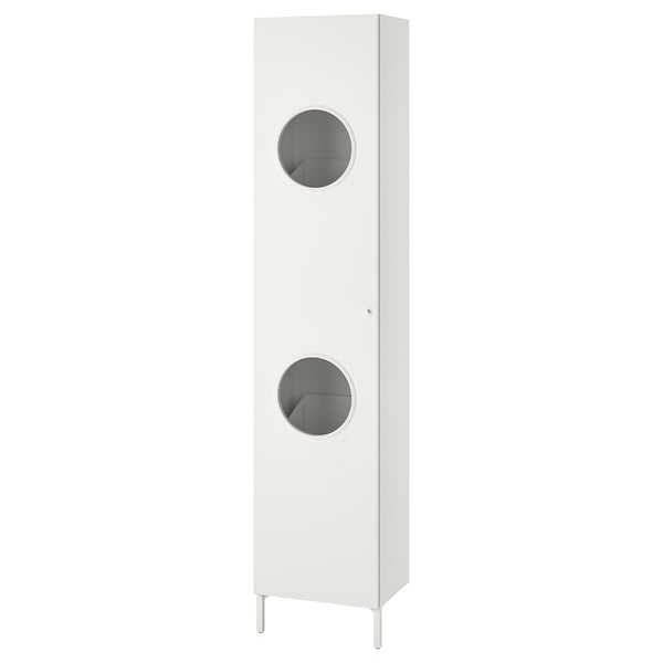 A white NYSJÖN tall cabinet with two circular cut-out doors, designed for storage.
