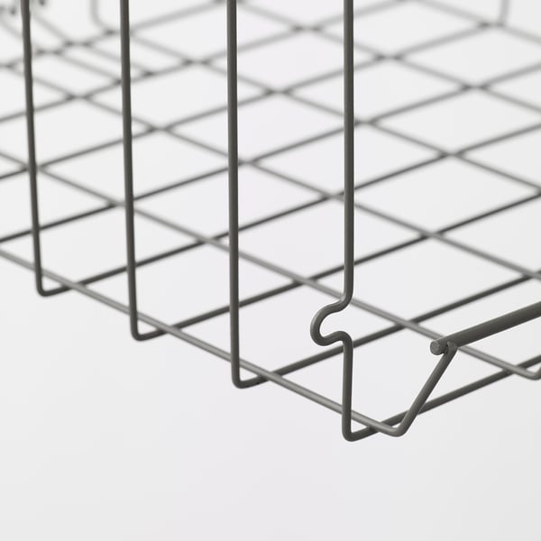 Black wire basket with square-grid pattern, sturdy steel construction, hanging hook detail.