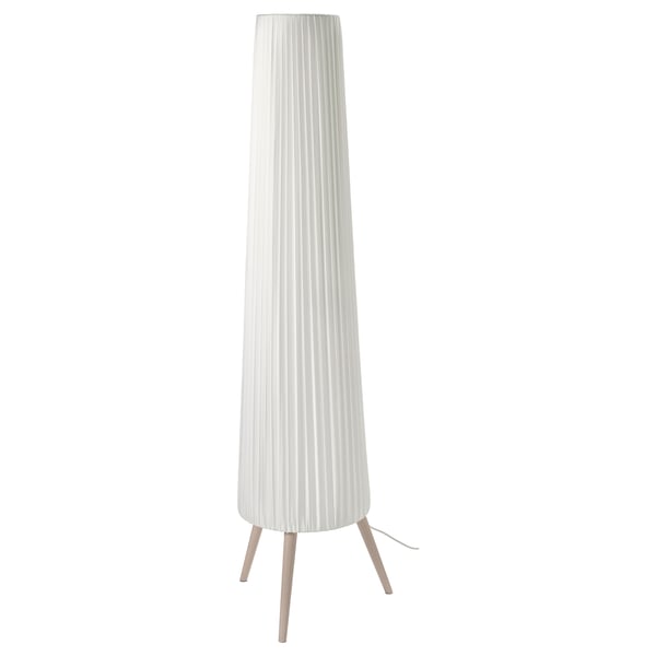 ÖKENSAND floor lamp: tall, white pleated shade, slim wooden legs, modern design.