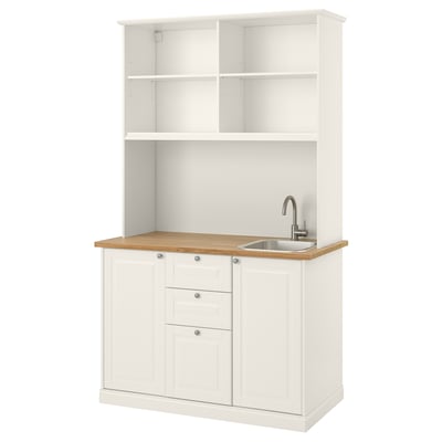 The ÖNNERUP kitchenette white cabinets, wooden countertop, single bowl sink, and open shelves. Ideal for compact spaces.