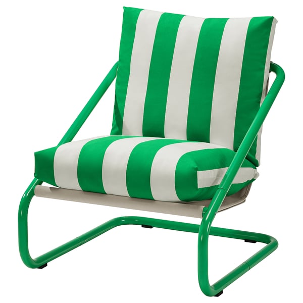 Modern green metal chair with green and white striped cushions.