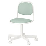 Depicts an adjustable desk chair named ÖRFJÄLL in white with light green padding. It five wheels, a curved backrest, and a round seat for comfort.