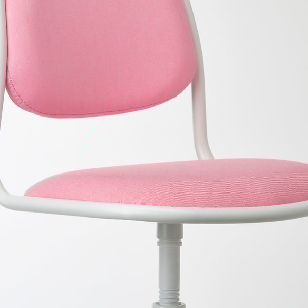 A pink and white kids chair with adjustable height and swivel mechanism.