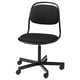 A modern black office chair with a curved back, adjustable height, and wheels.