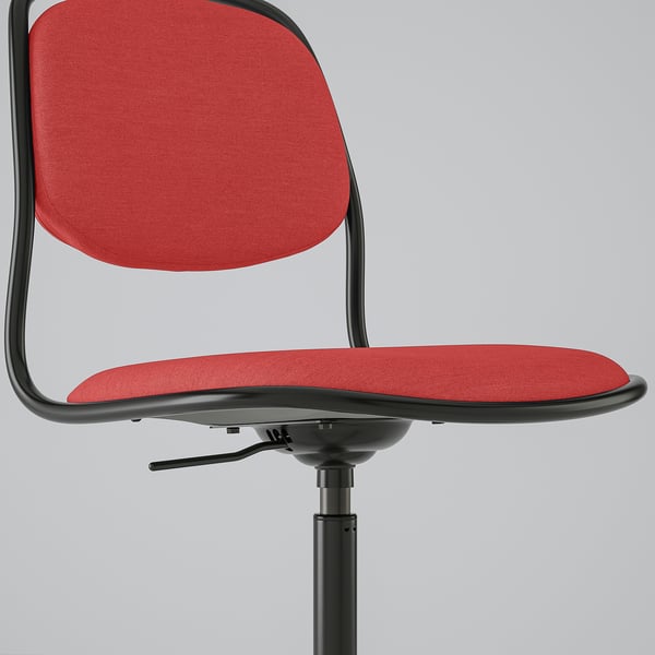 Red office chair with black base and adjustable height, featuring a brake mechanism on castors.