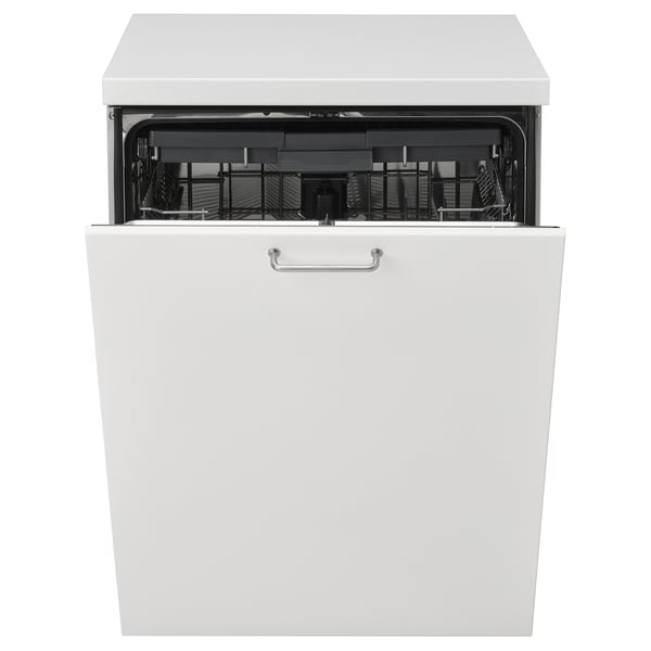 ÖSTVEDA dishwasher, white, open door, silver handle, batches visible.
