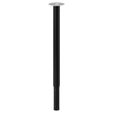 A black adjustable table leg, OLOV, with a metal top plate, designed for various table tops, height-adjustable, and scratch-resistant feet.