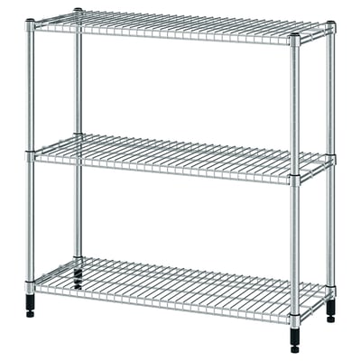 Omnar silver metal shelf unit, three-tier with adjustable shelves, sturdy legs for uneven floors.