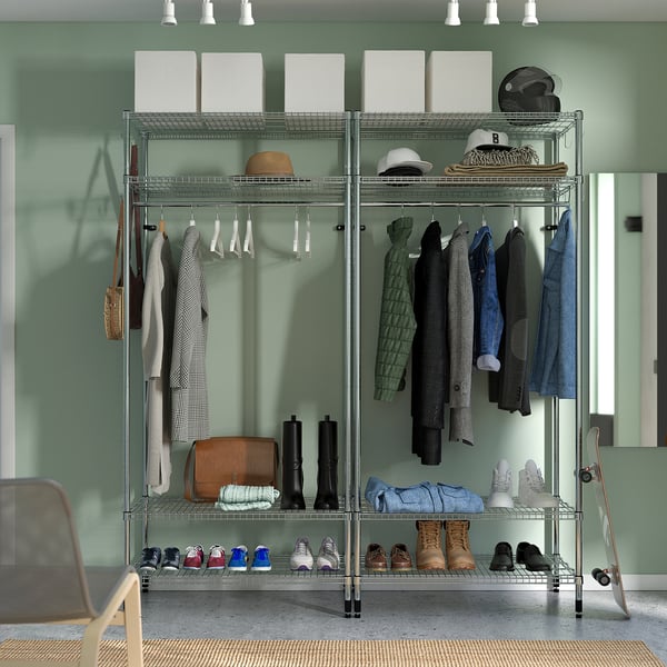 Modern closet organiser, OMAR, with rails & shelves for efficient storage.