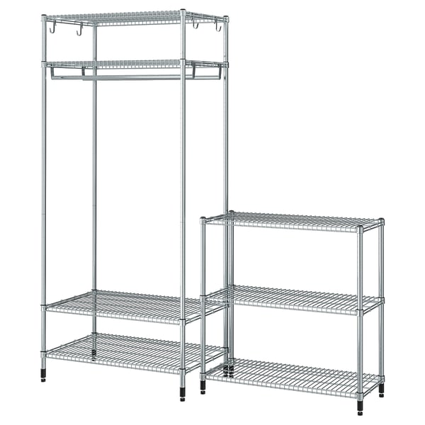The OMAR silver metal storage rack with shelves and a clothes rail. Its a sleek, adjustable design perfect for kitchen, bathroom, or hallway use.