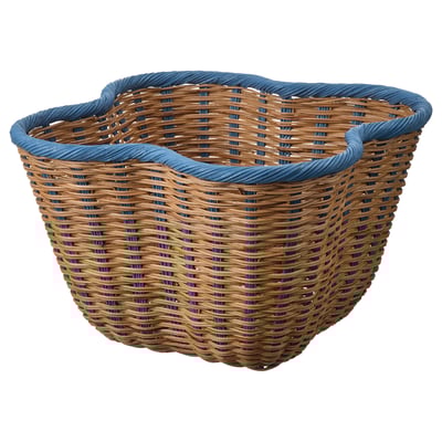 Blue-rimmed wicker basket, clover shape, natural weave, rustic design.
