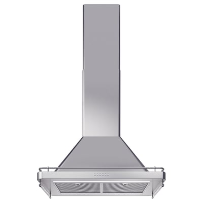 Silver kitchen hood with led light, spice rack, stainless steel, triangular shape, modern design.
