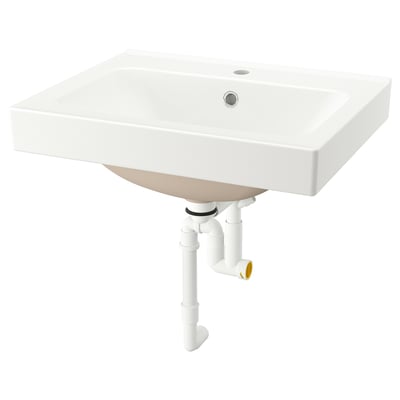 A white ORRSJÖN ceramic washbasin with a rectangular design and smooth, soft edges. It a single drain hole and includes a water trap setup.