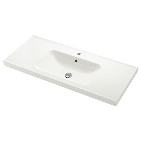 Orrsjon white ceramic sink, single bowl, smooth lines, chrome drain.