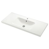 Orrsjon white ceramic sink, single bowl, smooth lines, chrome drain.