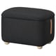 Oskarshhamn dark grey fabric footstool. Rounded design with leather handle and wooden legs.