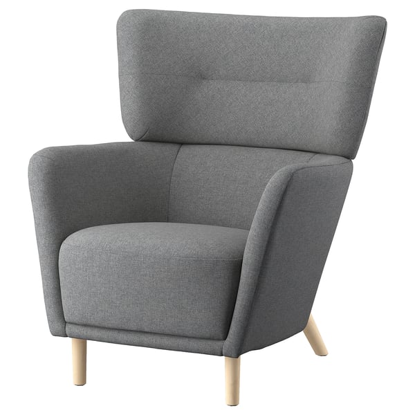Displays a grey OSKARSHAMN armchair with a high back and winged sides, supported by light wooden legs and upholstered in a soft fabric.