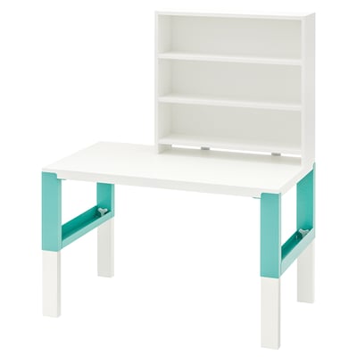 A white and turquoise PÅHL adjustable desk with a built-in shelving unit.