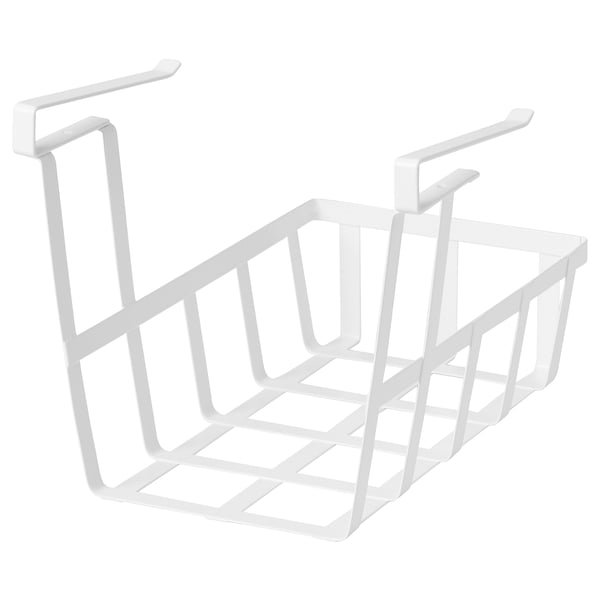 A white wire storage basket with a clip-on design for hanging on shelves.