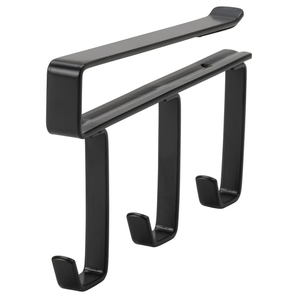 Black PÅLYCKE hook rack with 3 hooks for kitchen utensils or tea towels.