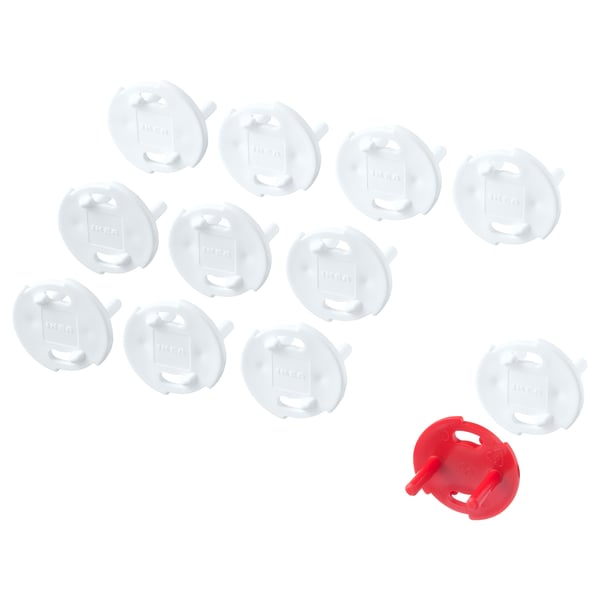 Pack of 11 white child safety plugs plus one red key, protecting wall sockets from hazards.