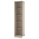 An ikea PAX beige corner wardrobe unit. It has four shelves and is made of particleboard and paper foil. The unit an open storage design.