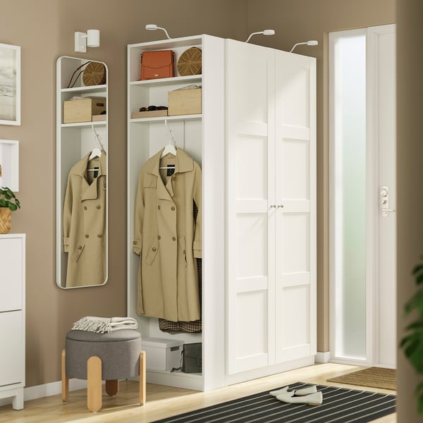 PAX wardrobe: white end-unit with shelves & coats, tall cabinet, stool, mirror, door, accessories