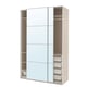 White PAX wardrobe with mirrored sliding doors, light beige interior, shelves, and mesh baskets.