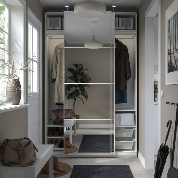 PAX wardrobe - white, fully-assembled, shelves, rails, baskets, sliding doors, lighting