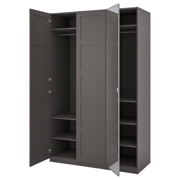 Dark grey, opened storage wardrobe with shelves and hanging rail.
