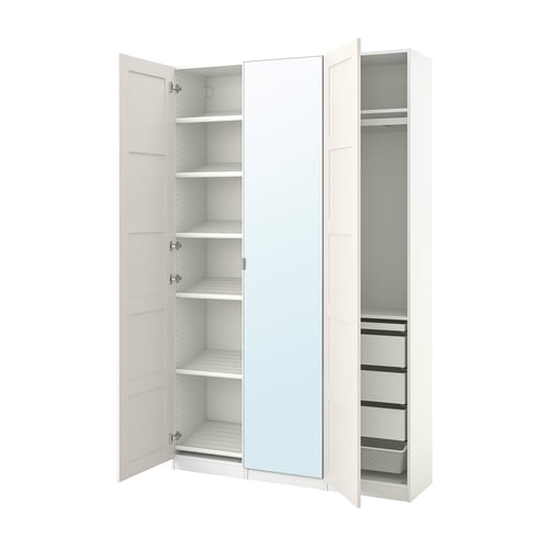 White PAX wardrobe with mirrored doors, shelves, and drawers. Slim design for narrow spaces.