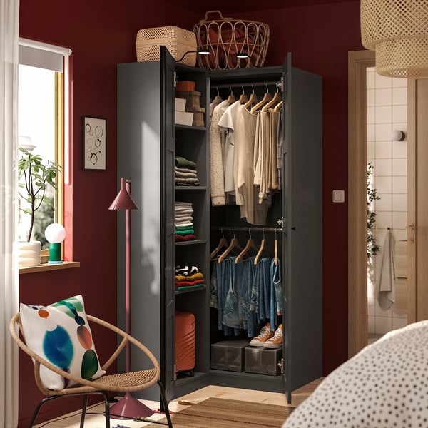 PAX / BERGSBO Corner wardrobe, dark grey/dark grey, 111/88x201 cm