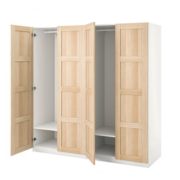 Ikea PAX wardrobe, light wood, white interior, rectangular shape, simple design.