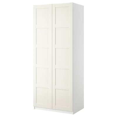 A white ikea PAX wardrobe with a sleek, rectangular design and paneled doors.