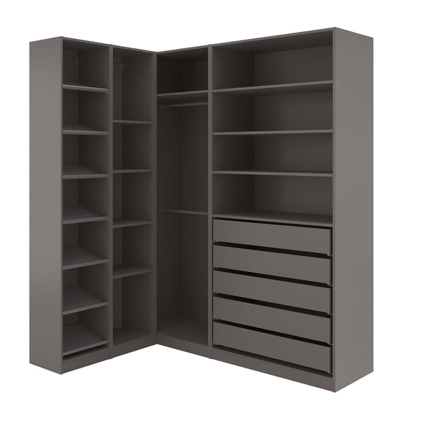 A gray corner wardrobe unit, PAX, with multiple shelves and drawers for storage.