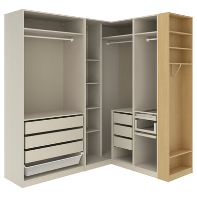 PAX Corner wardrobe, grey-beige/grey-beige oak veneer, 210/180x236 cm