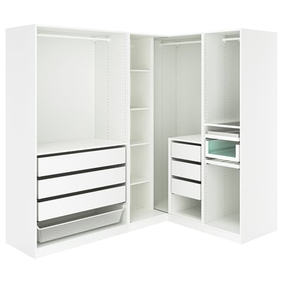 A white corner PAX wardrobe with adjustable shelves and drawers, featuring a mesh basket and a trouser hanger.