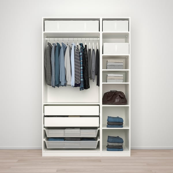 White wardrobe with clothes hangers, shelves, and storage bins.