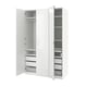 Open white wardrobe with drawers and shelves, featuring mirrored doors and soft closing hinges.