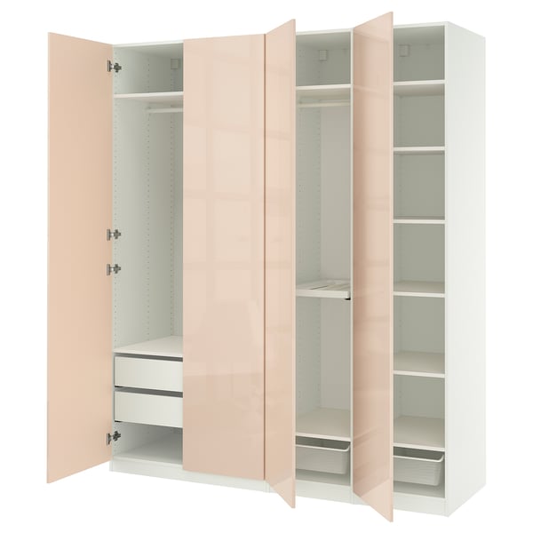 PAX wardrobe: light pink, wooden, tall, four-door, shelves inside.
