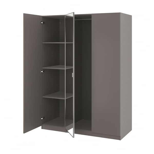 Gray PAX wardrobe, open doors showcasing internal shelves.