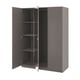 Gray PAX wardrobe, open doors showcasing internal shelves.