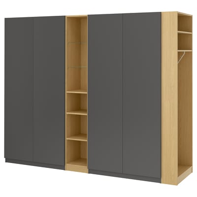 Modern PAX wardrobe in dark grey with light wood shelves, open and closed storage, soft-closing doors.
