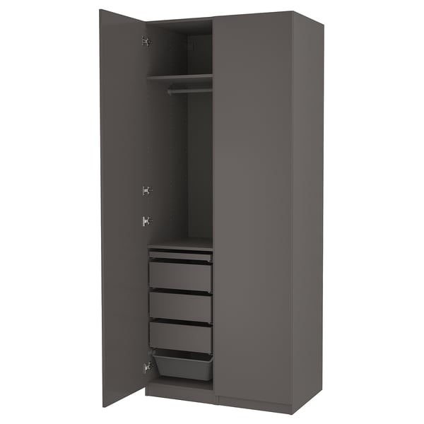PAX wardrobe in dark grey, rectangular with drawers, minimalist design.
