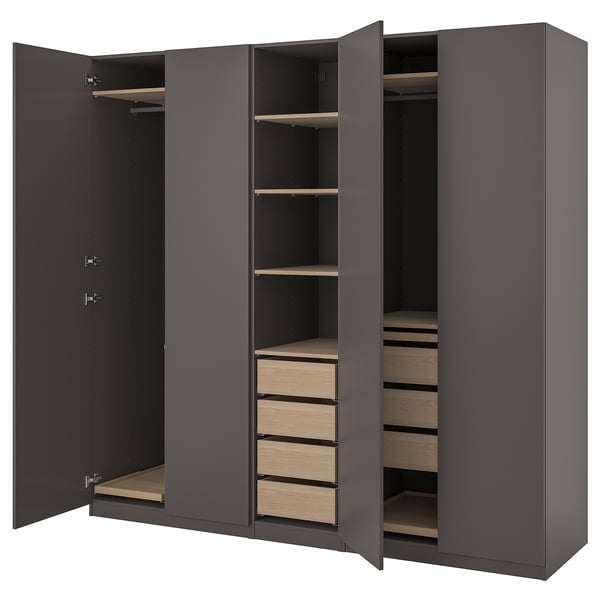 PAX wardrobe: dark grey, with wood shelves, drawers, and hanging space.