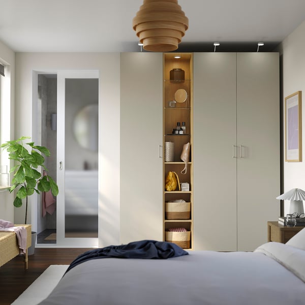 PAX / FORSAND Wardrobe combination, grey-beige grey-beige/oak effect, 185x60x236 cm