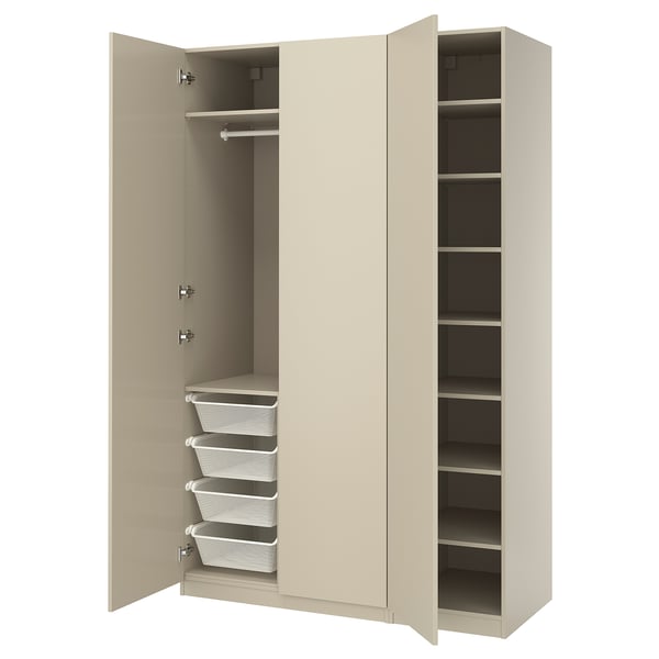 An open beige PAX wardrobe with shelves and mesh baskets.