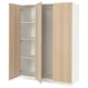 An ikea PAX wardrobe in white and light oak. It double doors with adjustable shelves inside.