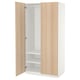 Open wooden-finished wardrobe with white interior, soft-closing hinges.