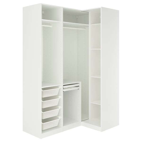 White PAX wardrobe with open shelves and mesh baskets.